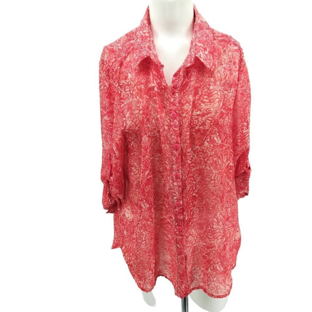 Clara Sun Woo Sheer Roll Tab Sleeve Red Floral Shirt Blouse Size S Lightweight